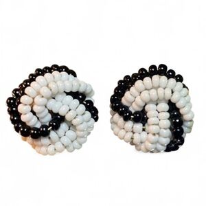 Vintage Beaded Black White Stud Clip-on Earrings